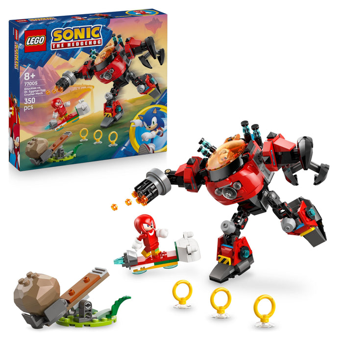 LEGO Sonic the Hedgehog Knuckles vs. Dr. Eggman Egg Crusher Mech Toy - Building Set incl. 2 Minifigures, Rings & Chaos Emeralds - Video Gaming Gift for 8+ Year Old Boys & Girls - 77005