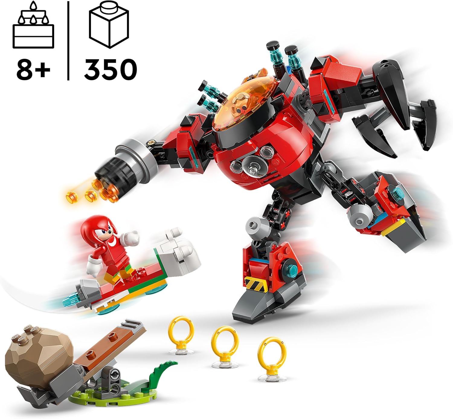 LEGO Sonic the Hedgehog Knuckles vs. Dr. Eggman Egg Crusher Mech Toy - Building Set incl. 2 Minifigures, Rings & Chaos Emeralds - Video Gaming Gift for 8+ Year Old Boys & Girls - 77005