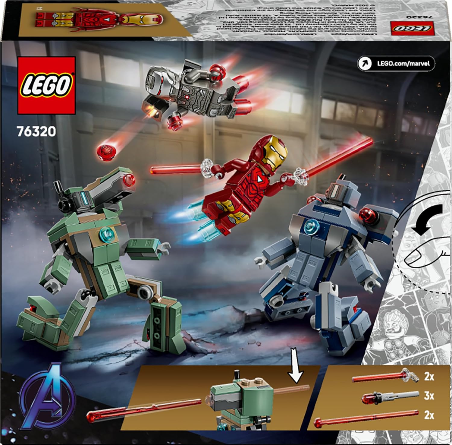 LEGO ǀ Marvel Iron Man & War Machine vs. Hammer Drones - Building Toy with 2 Minifigures & 2 Action Figures with Stud Shooters - Super Hero Gift for 7+ Year Old Boys - 76320