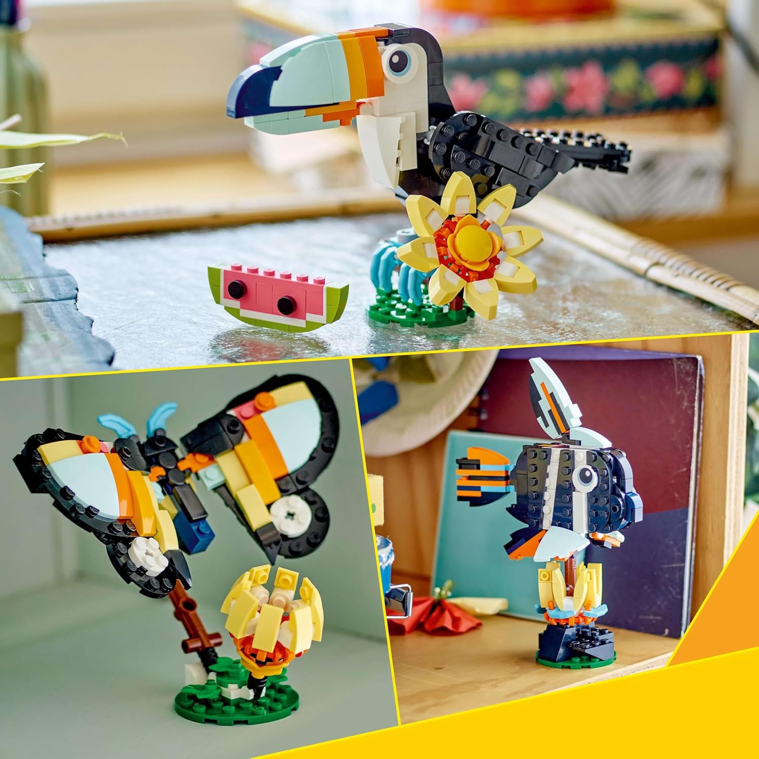 LEGO Creator 3in1 Wild Animals: Tropical Toucan with a Flower - Toy Animal Transforms into a Butterfly Figure or a Tropical Fish - Creative Gift for 7+ Year Old Girls & Boys - 31173