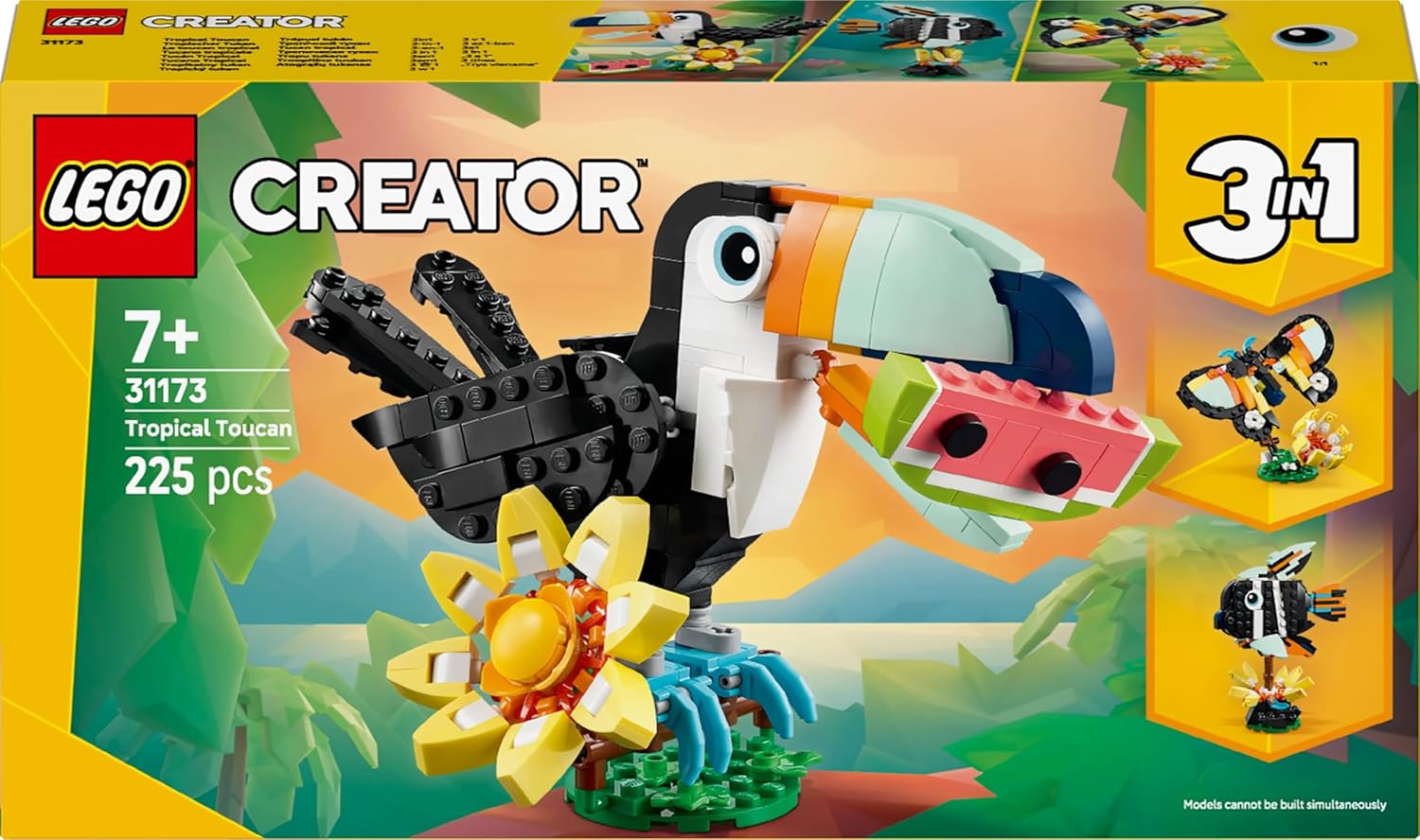 LEGO Creator 3in1 Wild Animals: Tropical Toucan with a Flower - Toy Animal Transforms into a Butterfly Figure or a Tropical Fish - Creative Gift for 7+ Year Old Girls & Boys - 31173
