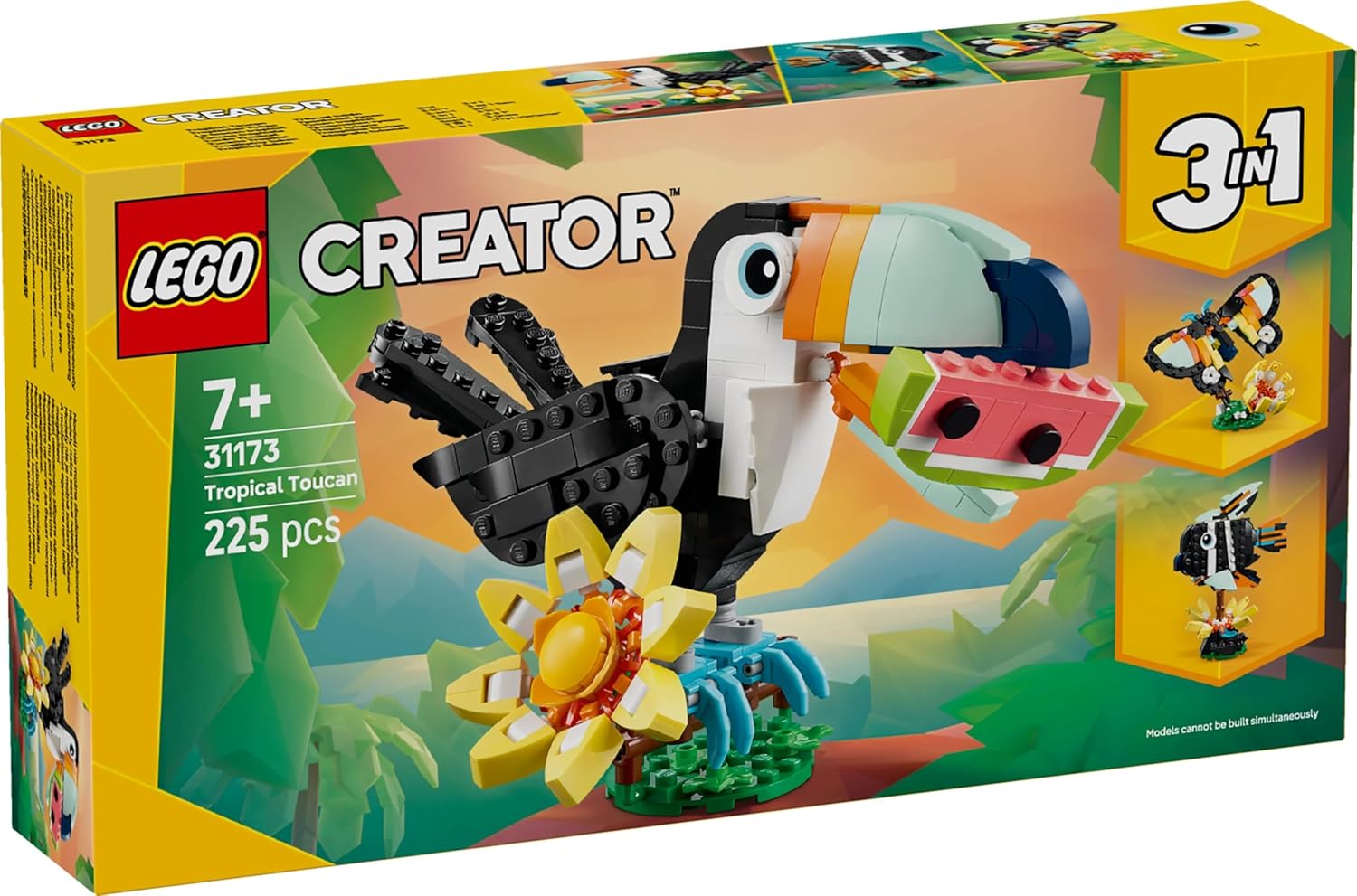 LEGO Creator 3in1 Wild Animals: Tropical Toucan with a Flower - Toy Animal Transforms into a Butterfly Figure or a Tropical Fish - Creative Gift for 7+ Year Old Girls & Boys - 31173