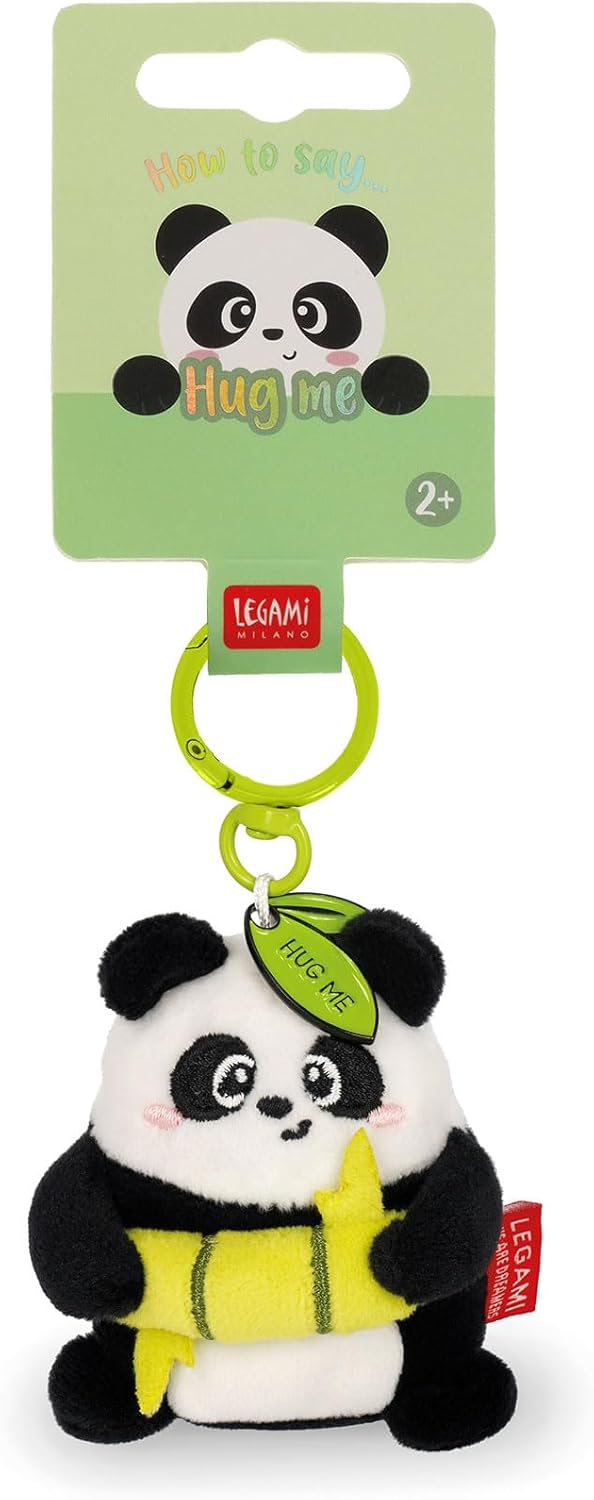 Legami - Super Soft Keyring! Plush Keyring, Pendant with Engraved Message and Zinc Carabiner, Black, S, Panda