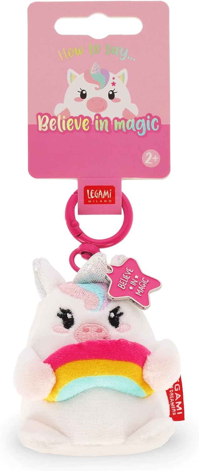 Legami - Super Soft Keyring! Plush Keyring, Pendant with Engraved Message and Zinc Carabiner, White, S, UNICORN