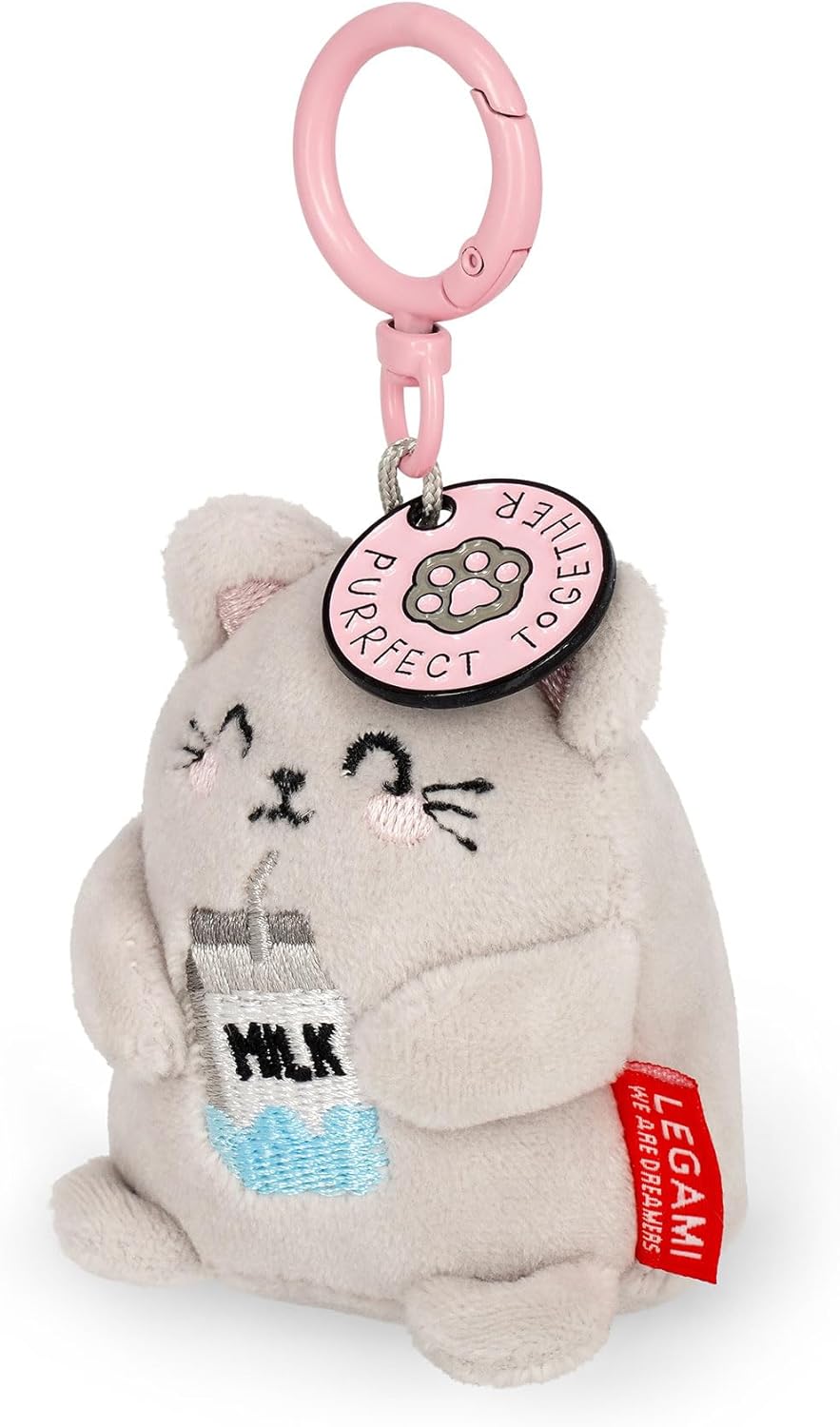Legami - Super Soft Keyring! Plush Keyring, Pendant with Engraved Message and Zinc Carabiner, grey, S, KITTY