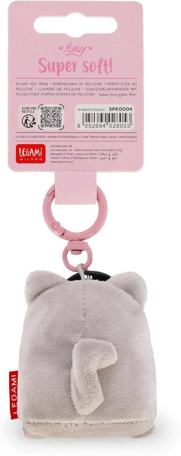 Legami - Super Soft Keyring! Plush Keyring, Pendant with Engraved Message and Zinc Carabiner, grey, S, KITTY