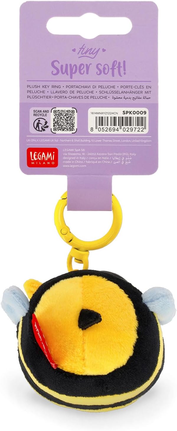Legami - Super Soft! Bee-Themed Keychain, Plush Keychain, Pendant with Engraved Message and Zinc Carabiner, 7 x 11 cm, yellow, S
