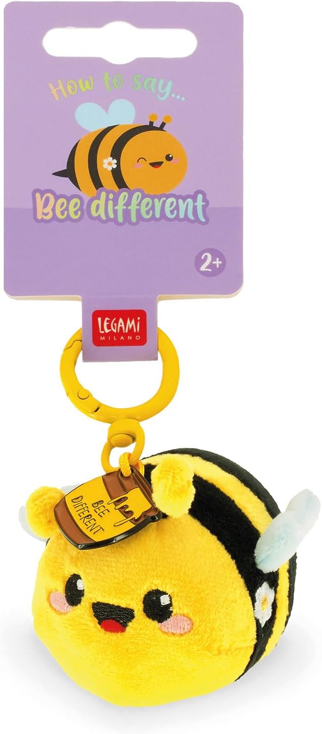 Legami - Super Soft! Bee-Themed Keychain, Plush Keychain, Pendant with Engraved Message and Zinc Carabiner, 7 x 11 cm, yellow, S