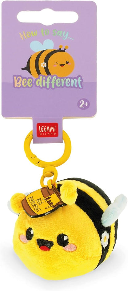 Legami - Super Soft! Bee-Themed Keychain, Plush Keychain, Pendant with Engraved Message and Zinc Carabiner, 7 x 11 cm, yellow, S