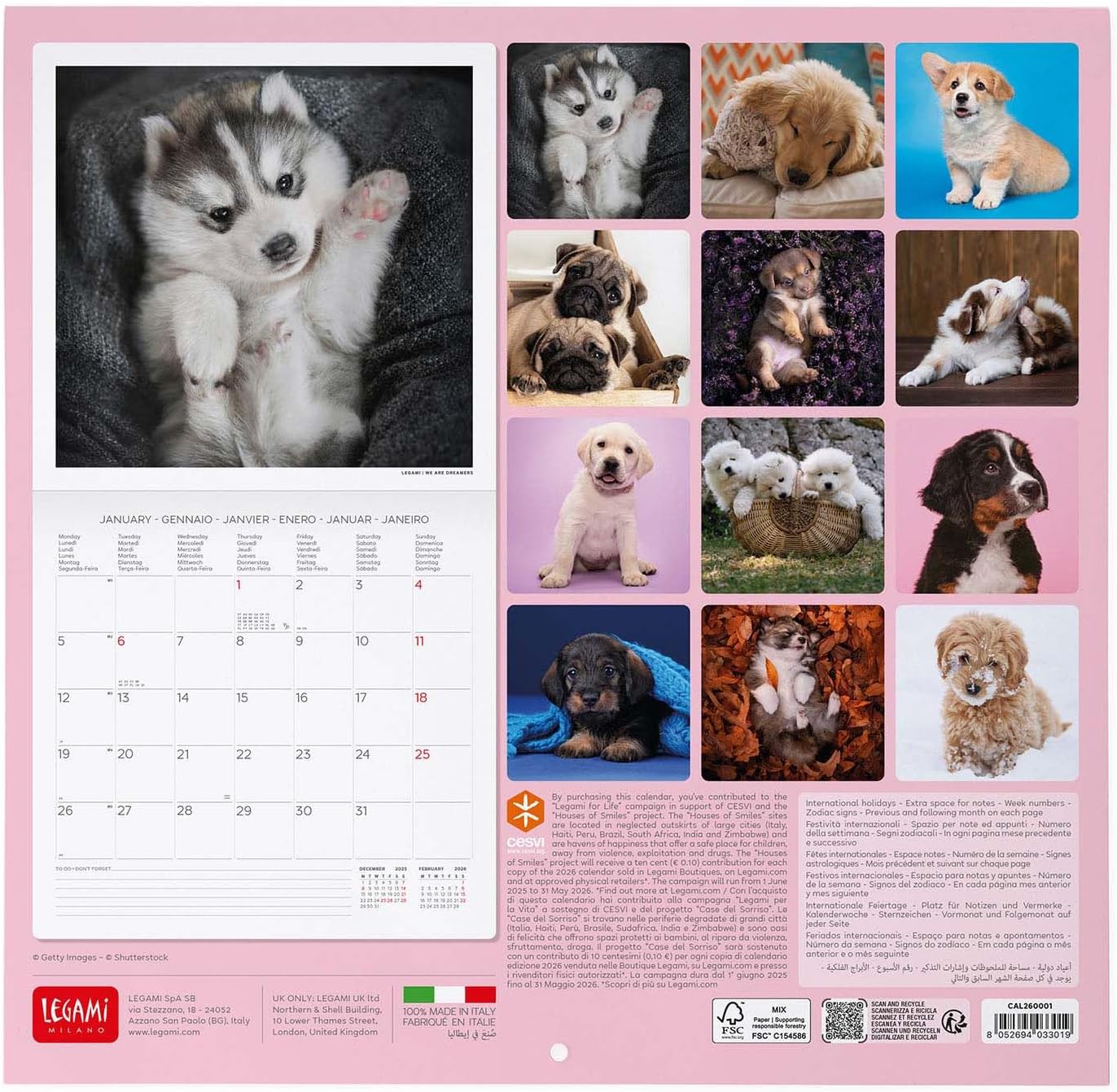 Legami - 2026 Wall Calendar, Puppies, Large Wall Calendar, 12 Months and Year Planner in 6 Languages, Space for Notes, Zodiac Signs, International Holidays, 30 x 29 cm