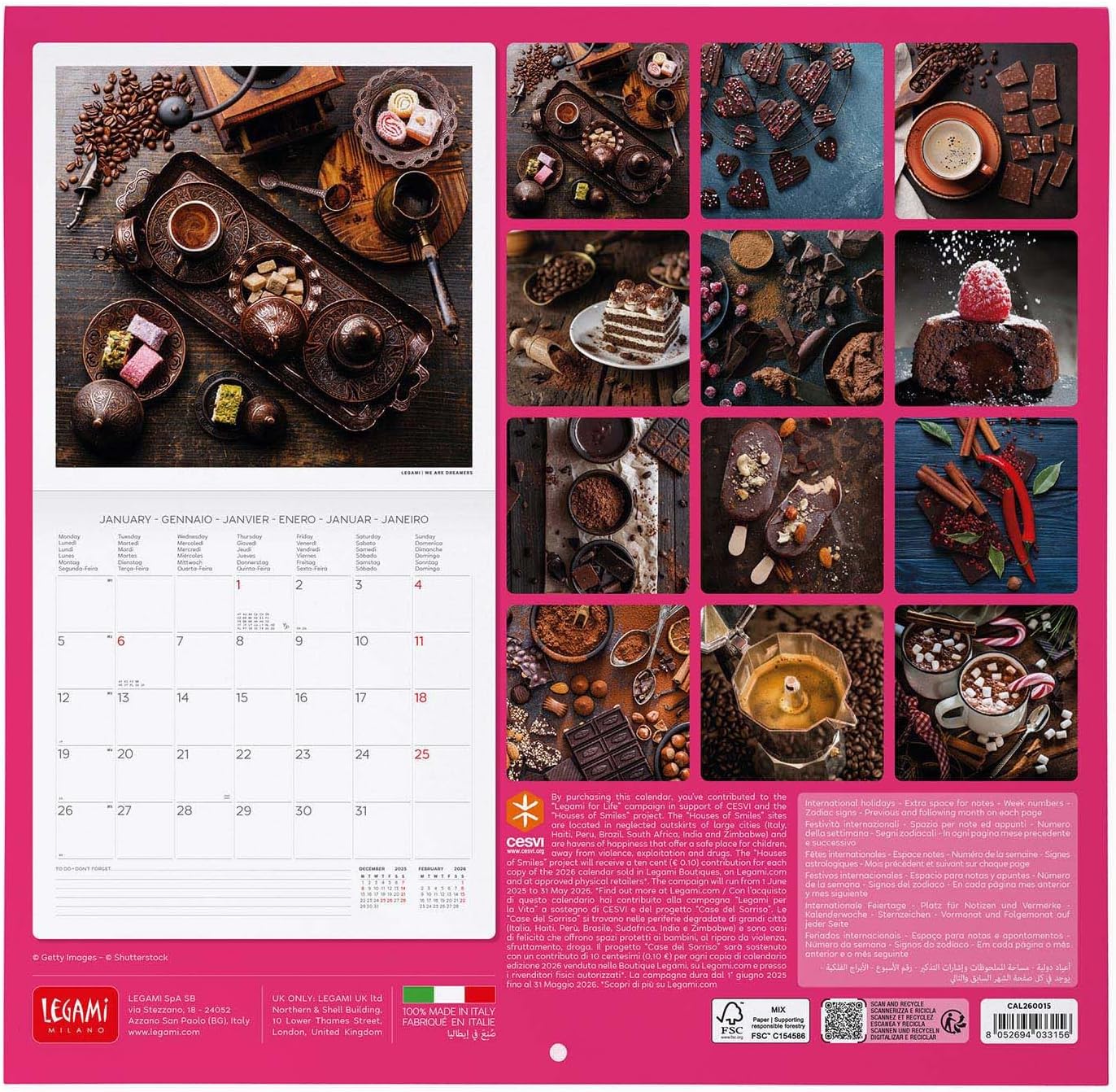 Legami - Coffee & Chocolate Wall Calendar 2026, Large Wall Calendar 12 Months and Year Planner in 6 Languages, Space for Notes, Zodiac Signs, International Holidays, 30 x 29 cm
