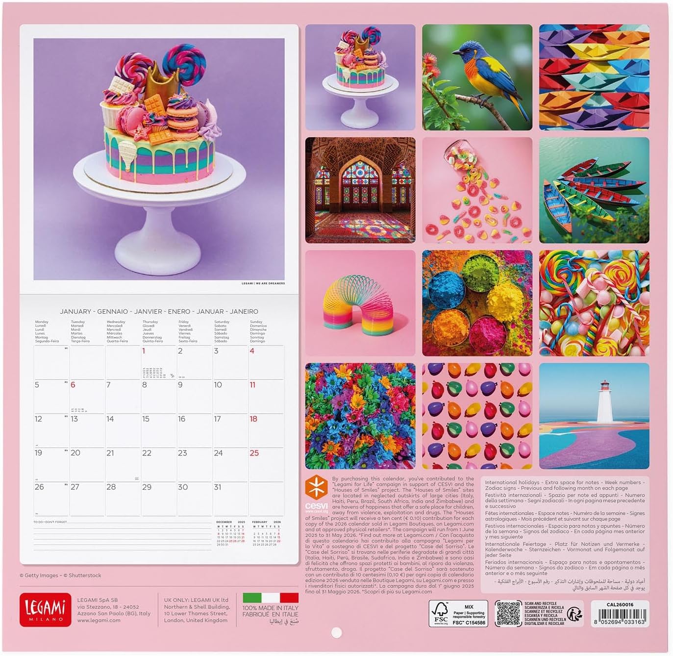 Legami - Wall Calendar 2026, Live Colourfully, Large Wall Calendar, 12 Months and Year Planner in 6 Languages, Space for Notes, Zodiac Signs, International Holidays, 30 x 29 cm