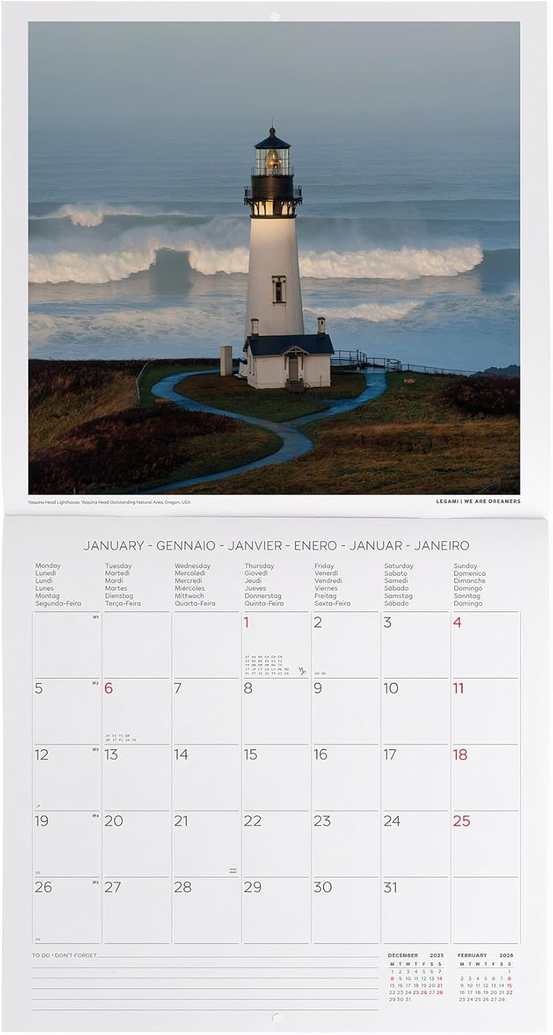 Legami - 2026 Wall Calendar, Lighthouses Large Wall Calendar, 12 Months and Year Planner, in 6 Languages, Space for Notes, Zodiac Signs, International Holidays, 30 x 29 cm