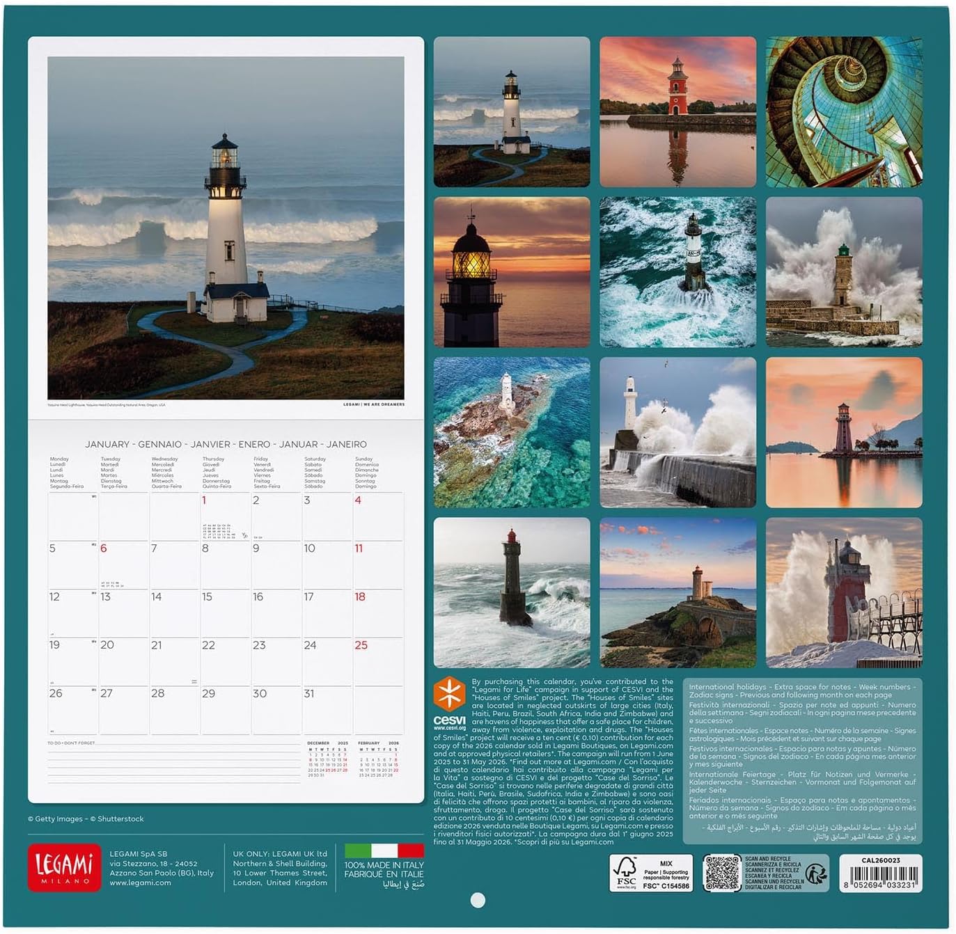 Legami - 2026 Wall Calendar, Lighthouses Large Wall Calendar, 12 Months and Year Planner, in 6 Languages, Space for Notes, Zodiac Signs, International Holidays, 30 x 29 cm