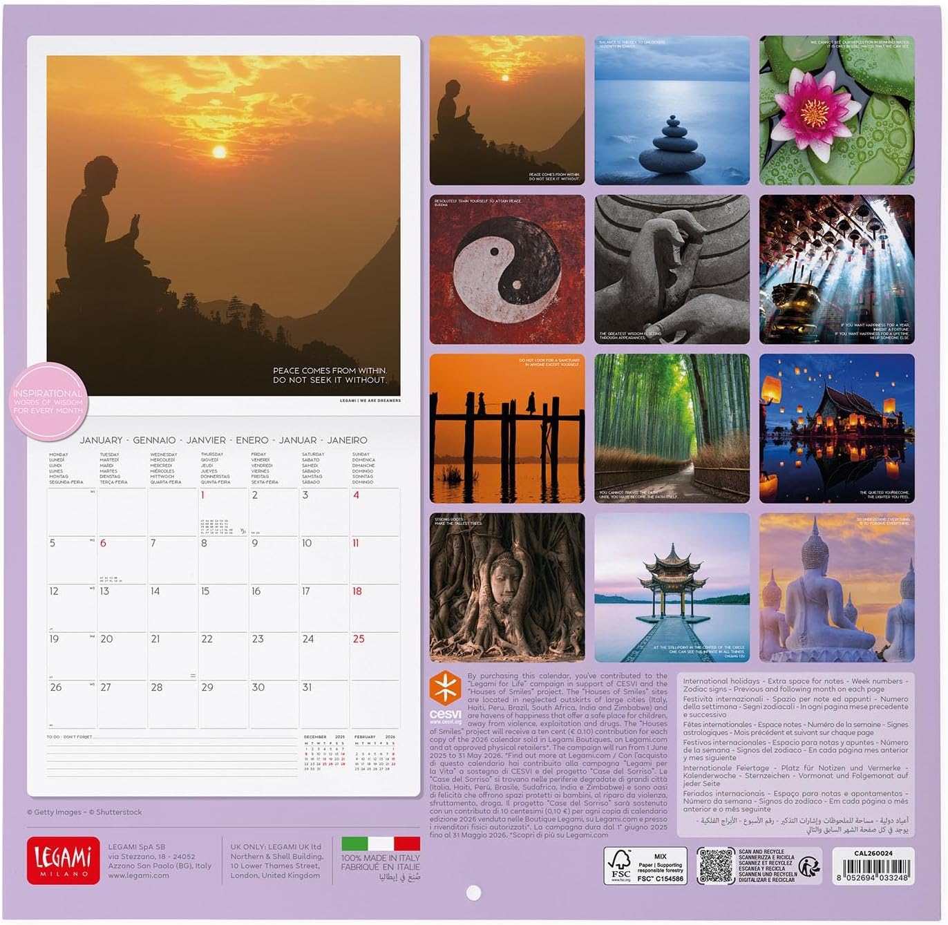 Legami - 2026 Wall Calendar, Peace of Mind, Large Wall Calendar, 12 Months and Yearly Planner, in 6 Languages, Space for Notes, Zodiac Signs, International Holidays, 30 x 29 cm