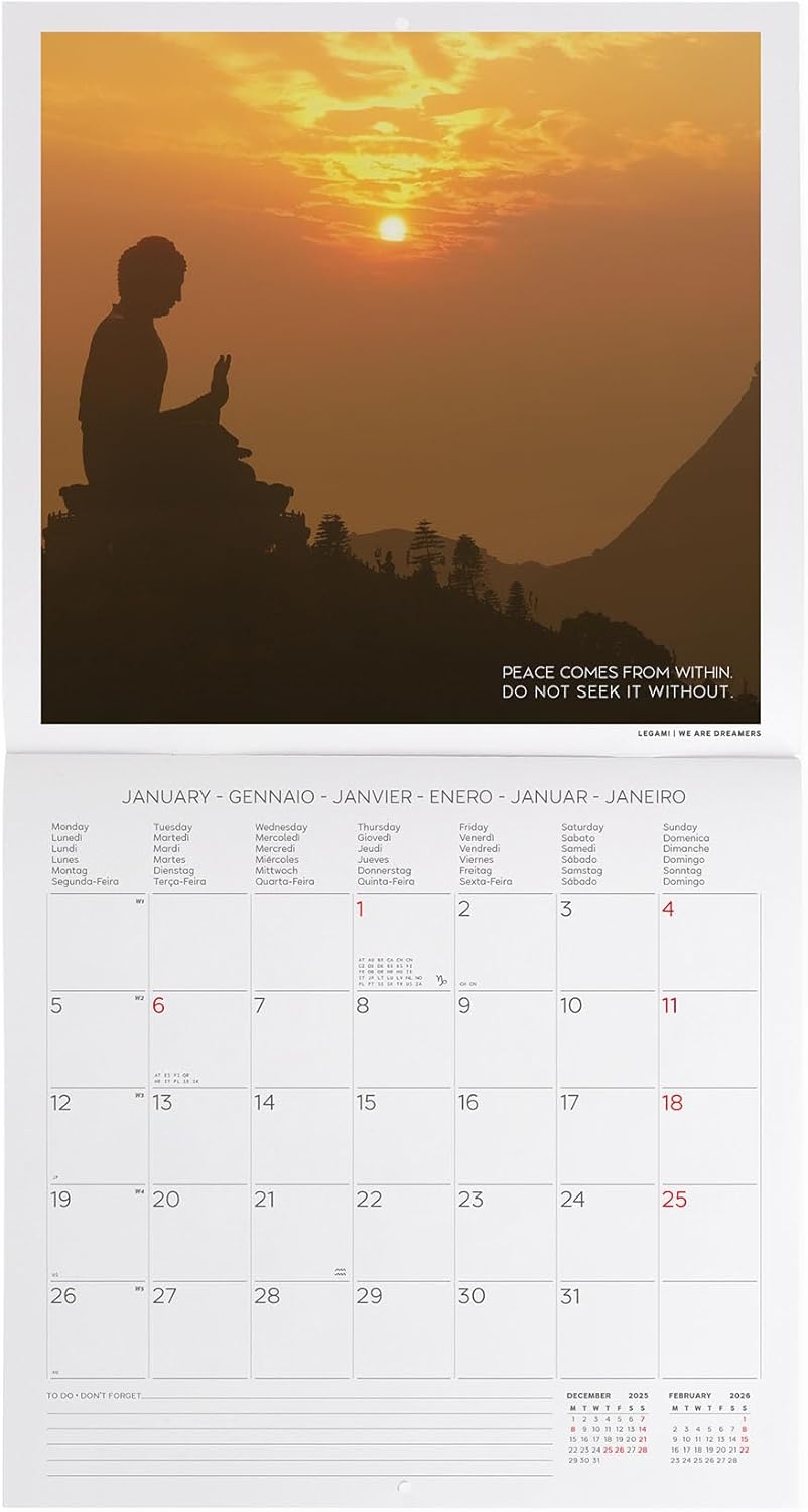 Legami - 2026 Wall Calendar, Peace of Mind, Large Wall Calendar, 12 Months and Yearly Planner, in 6 Languages, Space for Notes, Zodiac Signs, International Holidays, 30 x 29 cm