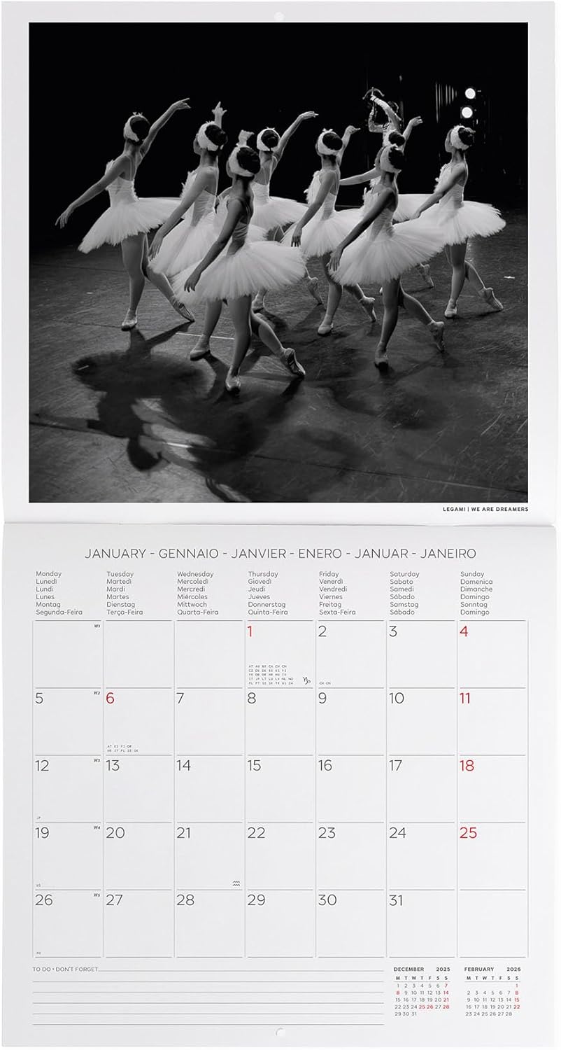 Legami - 2026 Wall Calendar, Ballet Large Wall Calendar, 12 Months and Year Planner, in 6 Languages, Space for Notes, Zodiac Signs, International Holidays, 30 x 29 cm