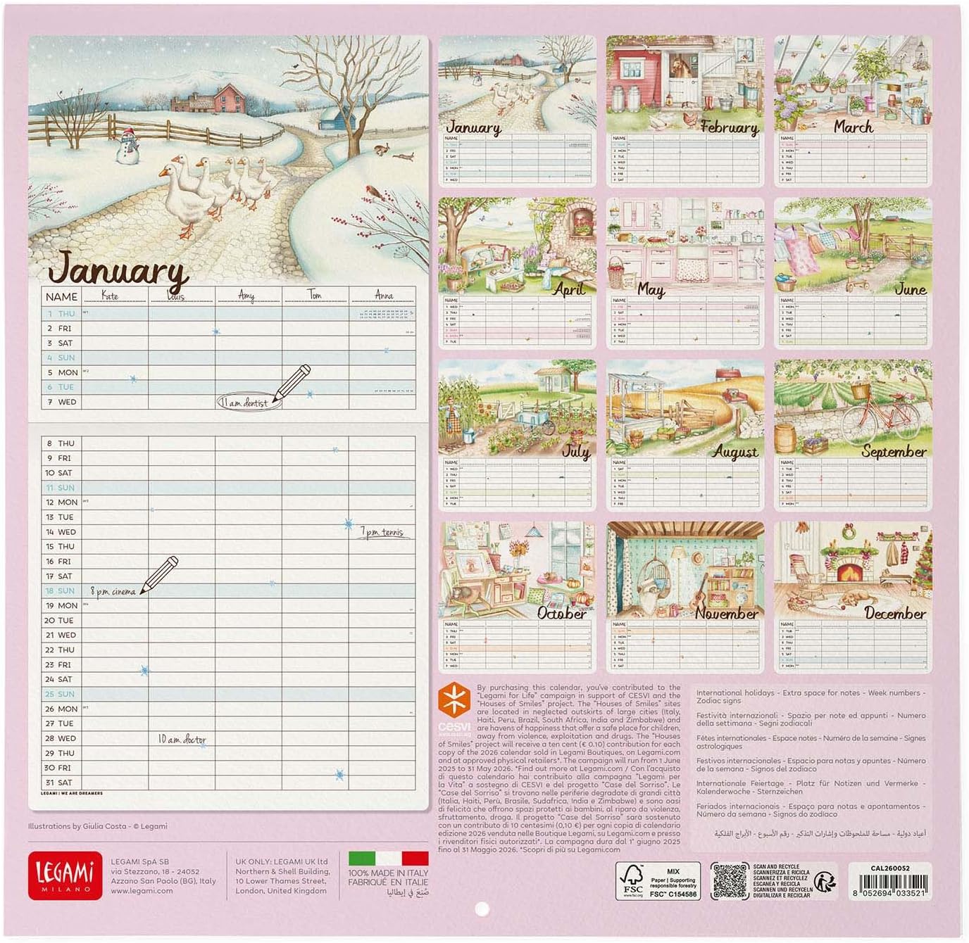 Legami - Wall Calendar 2026, Home Sweet Home, Large Wall Calendar 12 Months and Year Planner in English, Space for Notes, Zodiac Signs, International Holidays, 30 x 29 cm