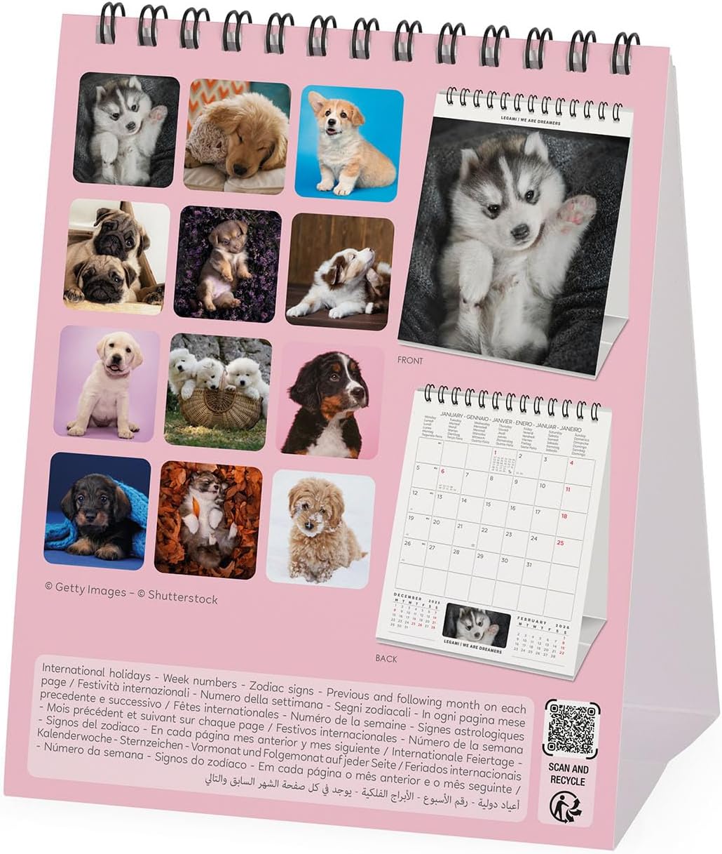 Legami - 2026 Desk Calendar, Puppies Desk Calendar, 12 Months and Yearly Planner, in 6 Languages, Zodiac Signs, International Holidays, 12 x 14.5 cm