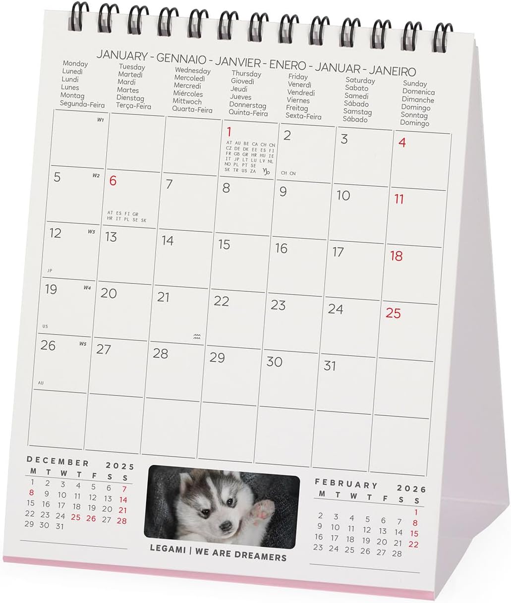 Legami - 2026 Desk Calendar, Puppies Desk Calendar, 12 Months and Yearly Planner, in 6 Languages, Zodiac Signs, International Holidays, 12 x 14.5 cm