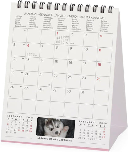 Legami - 2026 Desk Calendar, Puppies Desk Calendar, 12 Months and Yearly Planner, in 6 Languages, Zodiac Signs, International Holidays, 12 x 14.5 cm