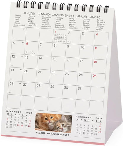 Legami - Desk Calendar 2026, Kittens, Desk Calendar, 12 Months and Yearly Planner, in 6 Languages, Zodiac Signs, International Holidays, 12 x 14.5 cm