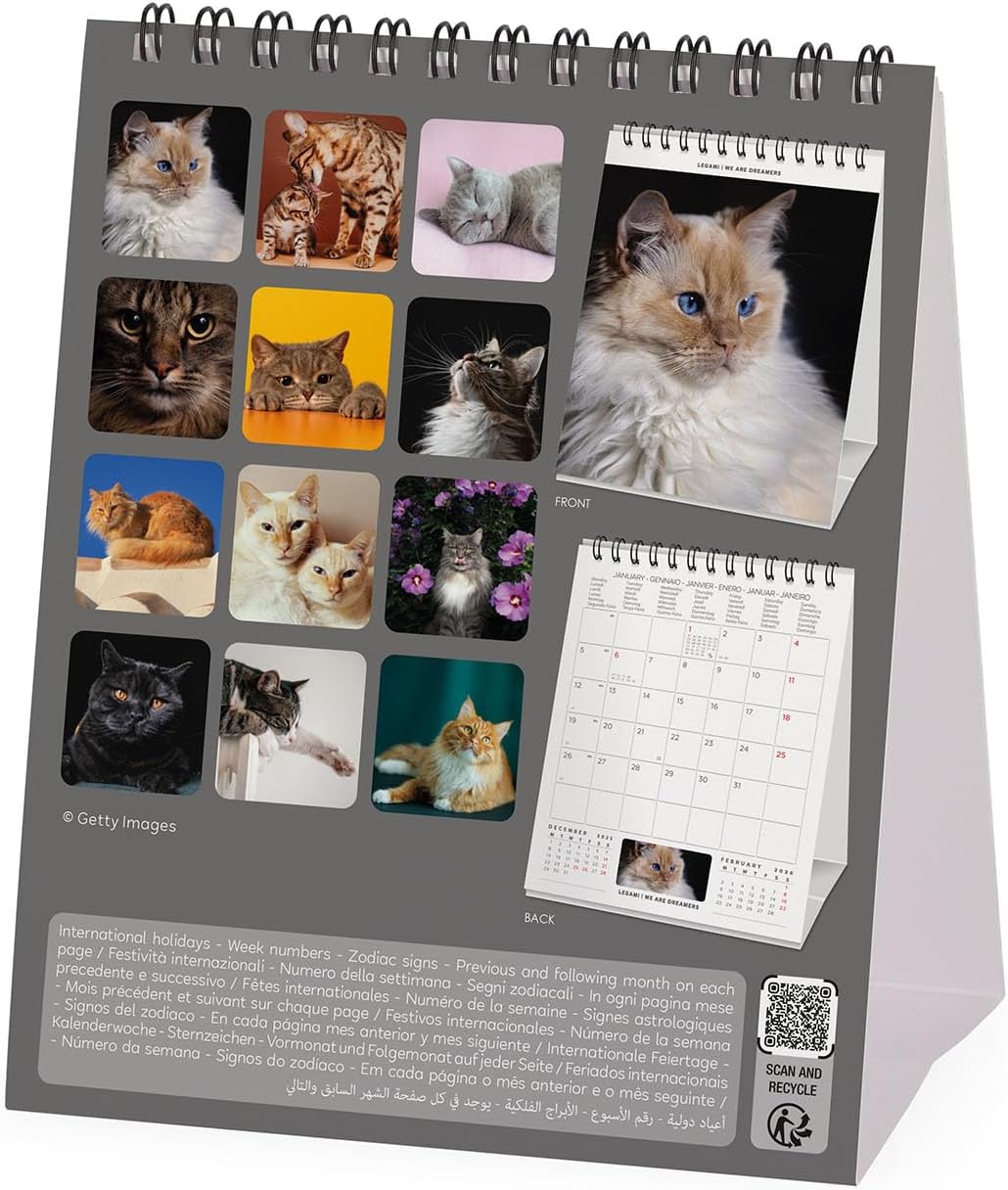 Legami - Desk Calendar 2026, Cats Desk Calendar, 12 Months and Yearly Planner, in 6 Languages, Zodiac Signs, International Holidays, 12 x 14.5 cm