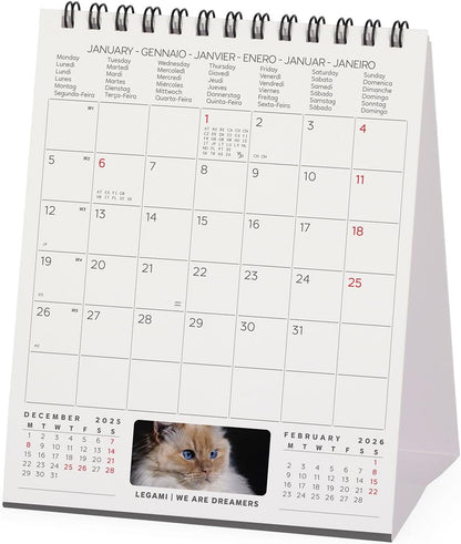 Legami - Desk Calendar 2026, Cats Desk Calendar, 12 Months and Yearly Planner, in 6 Languages, Zodiac Signs, International Holidays, 12 x 14.5 cm