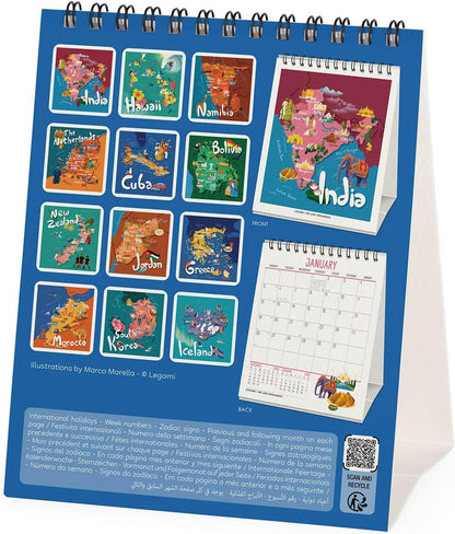 Legami - 2026 Desk Calendar, Travel The World, Desk Calendar, 12 Months and Yearly Planner, in English, Zodiac Signs, International Holidays, 12 x 14.5 cm