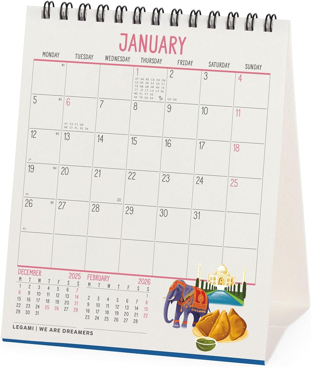Legami - 2026 Desk Calendar, Travel The World, Desk Calendar, 12 Months and Yearly Planner, in English, Zodiac Signs, International Holidays, 12 x 14.5 cm