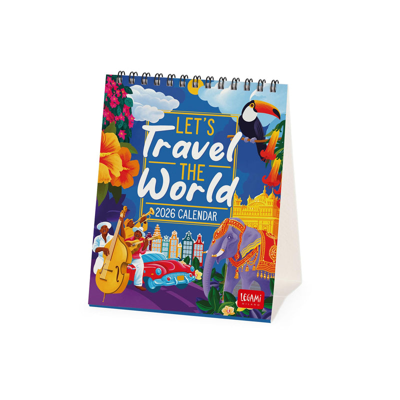 Legami - 2026 Desk Calendar, Travel The World, Desk Calendar, 12 Months and Yearly Planner, in English, Zodiac Signs, International Holidays, 12 x 14.5 cm