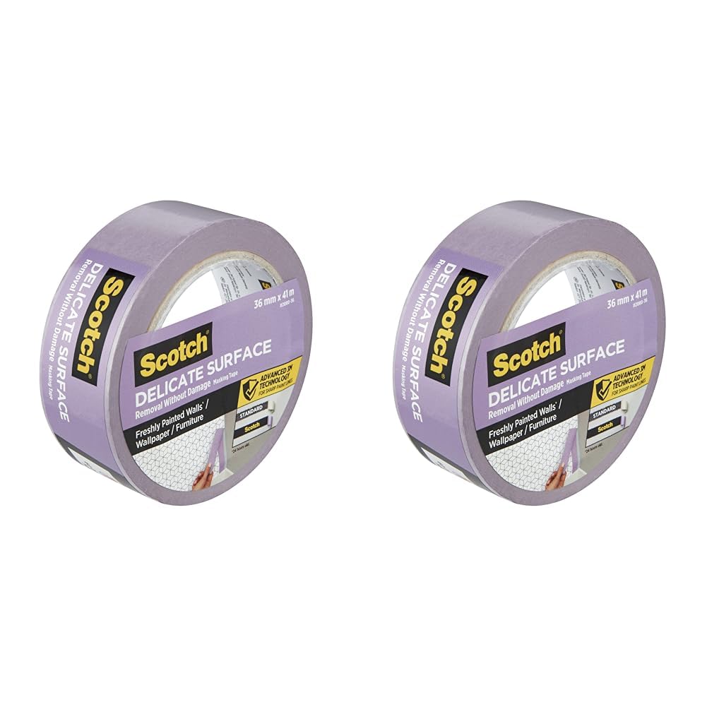 Scotch Delicate Surface Advanced Masking Tape, 36 mm x 41 m, Super-sharp Paint Lines, For Delicate Painting and Decorating Indoor, Painters Tape For Wallpaper and Furniture (Pack of 2)