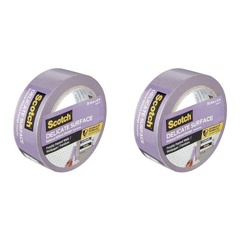 Scotch Delicate Surface Advanced Masking Tape, 36 mm x 41 m, Super-sharp Paint Lines, For Delicate Painting and Decorating Indoor, Painters Tape For Wallpaper and Furniture (Pack of 2)