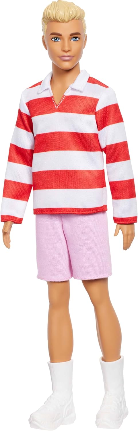 Barbie Fashionistas Ken Doll #241 with Blonde Hair Wearing Red and White Striped Polo Shirt with Pink Shorts, White Crew Socks and Sneakers