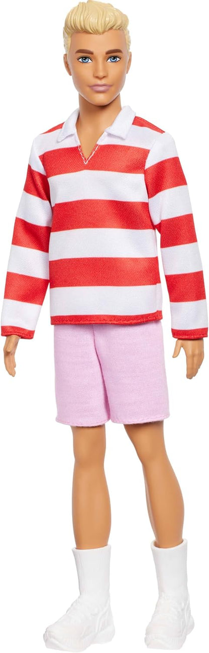 Barbie Fashionistas Ken Doll #241 with Blonde Hair Wearing Red and White Striped Polo Shirt with Pink Shorts, White Crew Socks and Sneakers