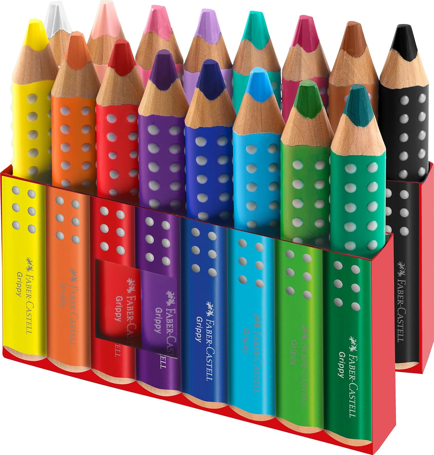 Faber-Castell 110645 Set Grippy, 16 Jumbo kleurpotloden voor peuters, gemakkelijk afwasbare kleurpotloden voor kinderen, ergonomische driehoekige vorm, dikke kleurpotloden, 10 mm dikke stift