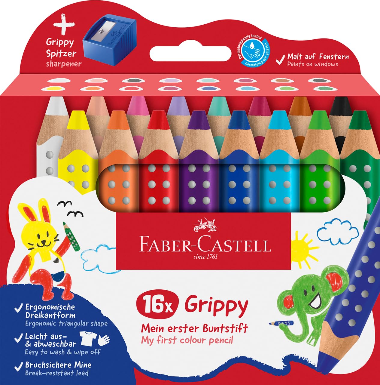 Faber-Castell 110645 Set Grippy, 16 Jumbo kleurpotloden voor peuters, gemakkelijk afwasbare kleurpotloden voor kinderen, ergonomische driehoekige vorm, dikke kleurpotloden, 10 mm dikke stift
