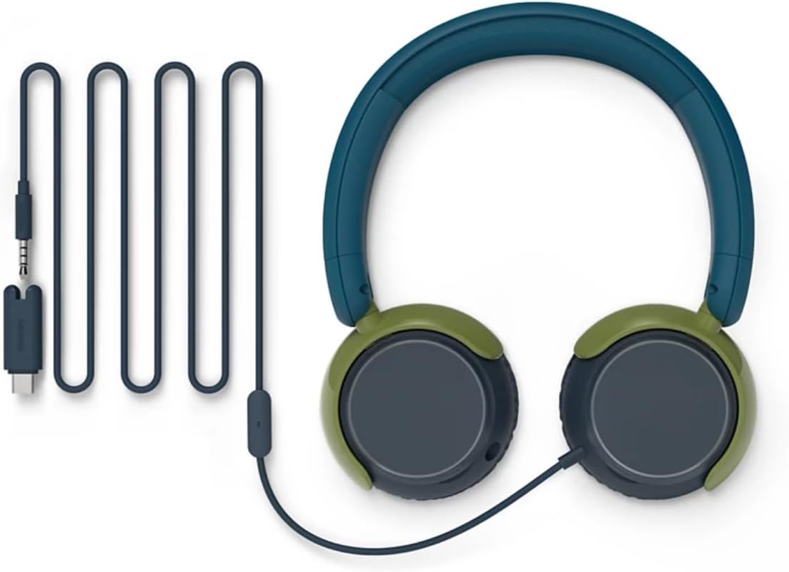Philips TAK2000CT 2000 Series - Cuffie pieghevoli per bambini, con cavo, volume limitato, condivisione audio, 3,5 mm e cavo USB-C inclusi, colore: verde acqua