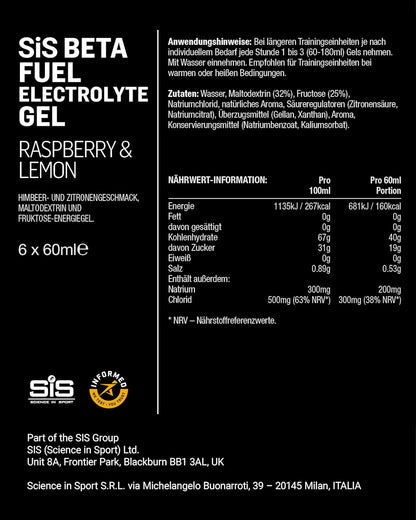 Beta Fuel Energy Gel + Electrolyte - box of 6 gels - raspberry and lemon