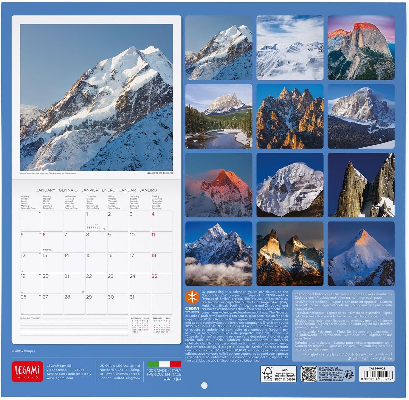 Legami - 2026 Wall Calendar, Mountains, Large Wall Calendar, 12 Months and Year Planner, in 6 Languages, Space for Notes, Zodiac Signs, International Holidays, 30 x 29 cm