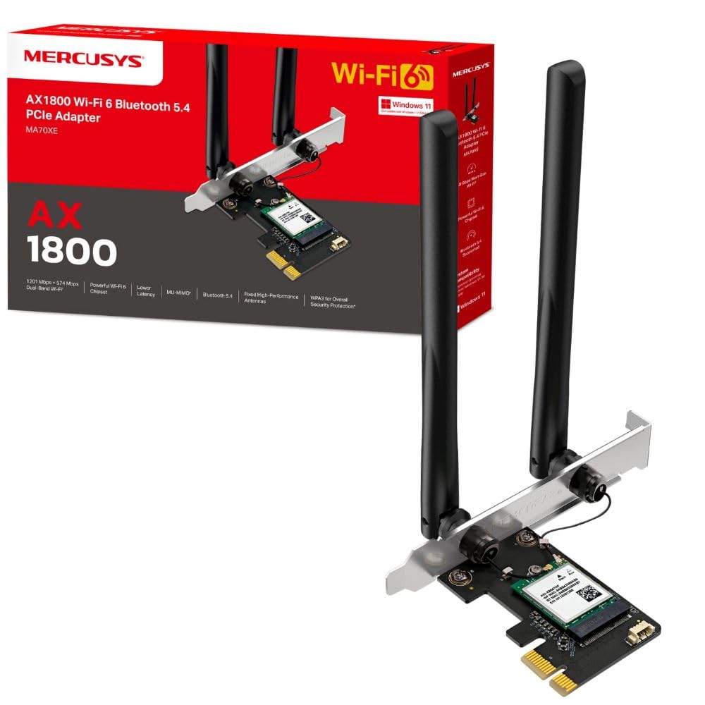 MERCUSYS MA70XE AX1800Mbps Dual-Band Wi-Fi 6 WiFi Card, Network PCIe WiFi Adapter, Bluetooth 5.4, Wide Coverage, Lower Latency, MU-MIMO, WPA3 Enhanced Security, Supports Windows 10, 11 (64 bit
