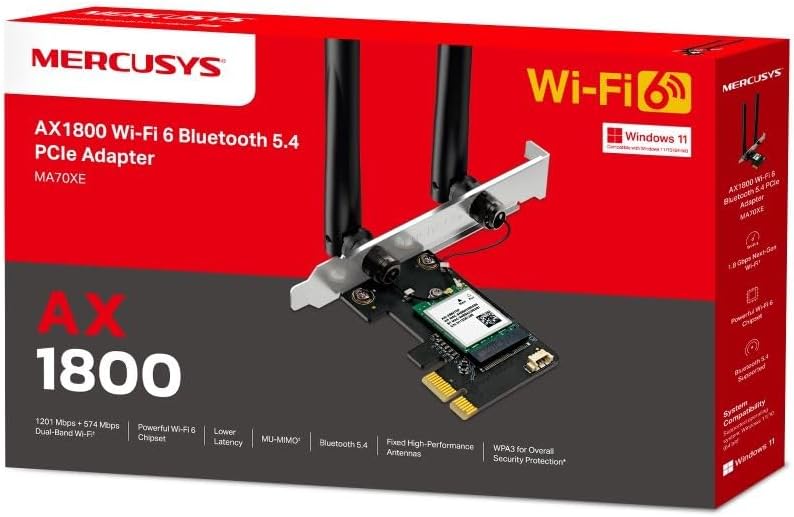MERCUSYS MA70XE AX1800Mbps Dual-Band Wi-Fi 6 WiFi Card, Network PCIe WiFi Adapter, Bluetooth 5.4, Wide Coverage, Lower Latency, MU-MIMO, WPA3 Enhanced Security, Supports Windows 10, 11 (64 bit