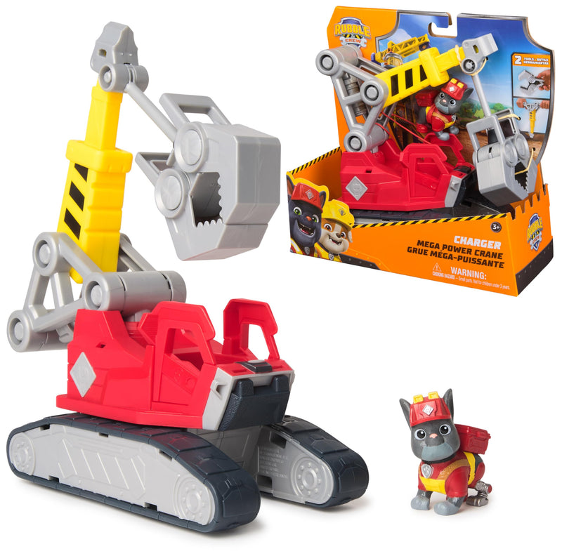 Rubble & Crew - Chargers 2-in-1 Mega Kran, Premium Baufahrzeug mit Abnehmbarer Baggerkralle und Presslufthammer sowie Charger Hundefigur, Spielzeug für Kinder ab 3 Jahren