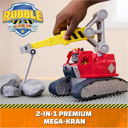 Rubble & Crew - Chargers 2-in-1 Mega Kran, Premium Baufahrzeug mit Abnehmbarer Baggerkralle und Presslufthammer sowie Charger Hundefigur, Spielzeug für Kinder ab 3 Jahren