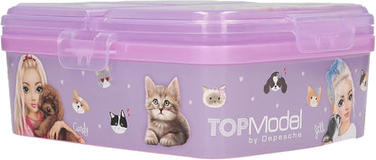 Depesche 13518 TOPModel Kitty en Doggy - lunchbox in paars, met modelmotief, honden en katten, lunchbox met 4 vakken en klapdeksel