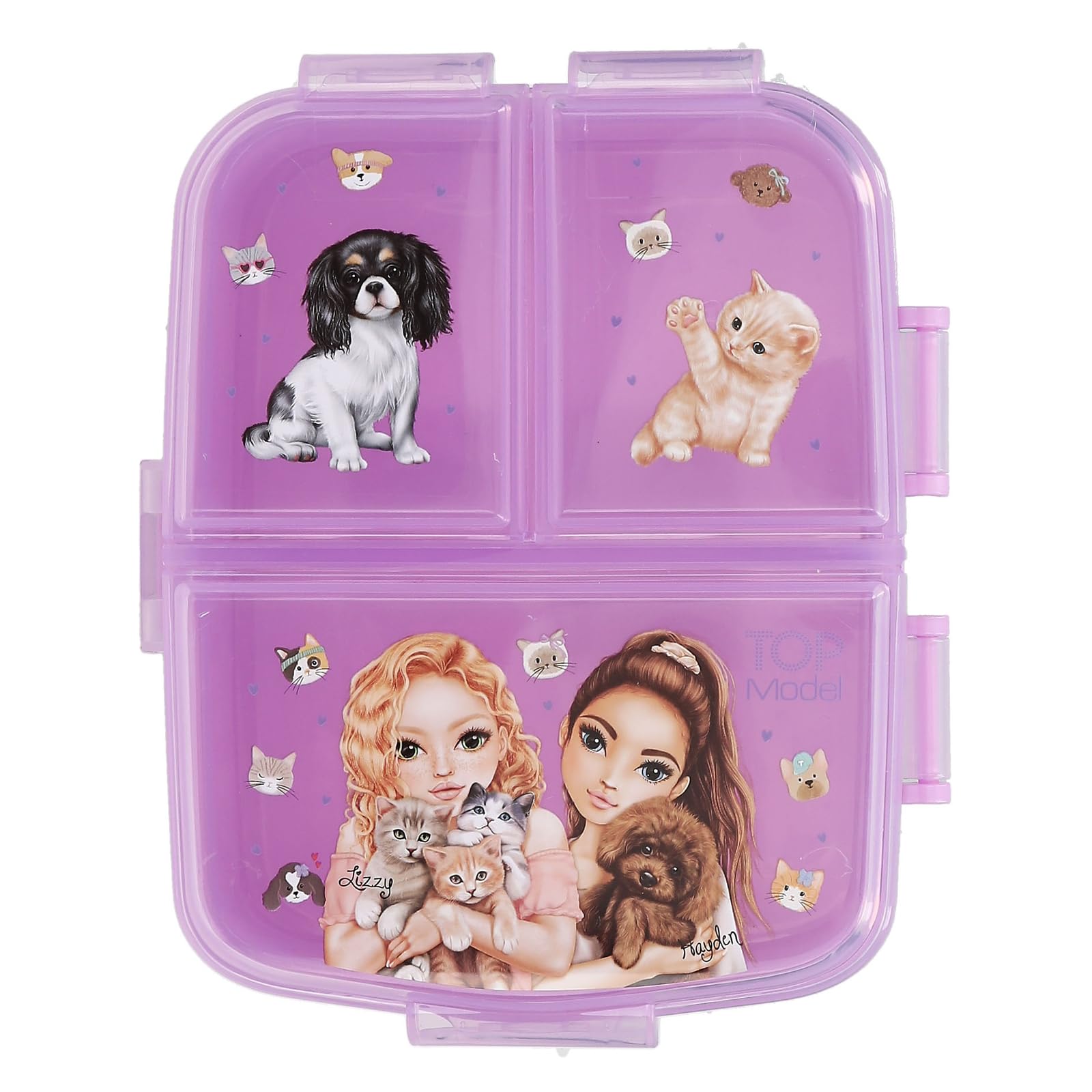 Depesche 13518 TOPModel Kitty en Doggy - lunchbox in paars, met modelmotief, honden en katten, lunchbox met 4 vakken en klapdeksel