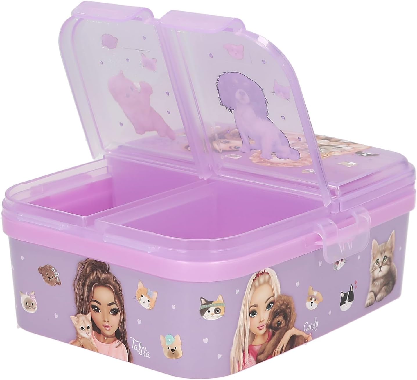 Depesche 13518 TOPModel Kitty en Doggy - lunchbox in paars, met modelmotief, honden en katten, lunchbox met 4 vakken en klapdeksel
