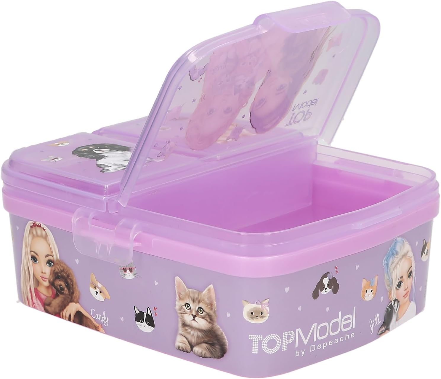 Depesche 13518 TOPModel Kitty en Doggy - lunchbox in paars, met modelmotief, honden en katten, lunchbox met 4 vakken en klapdeksel