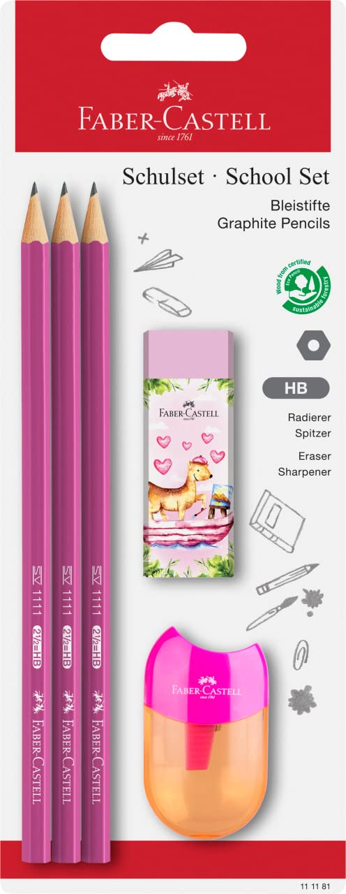 Faber-Castell 3 x Graphite Pencil School Set, 1 x Happy Jungle Eraser and 1 x Quality Sharpening Box - HB - Random Pencil Colour on purchase