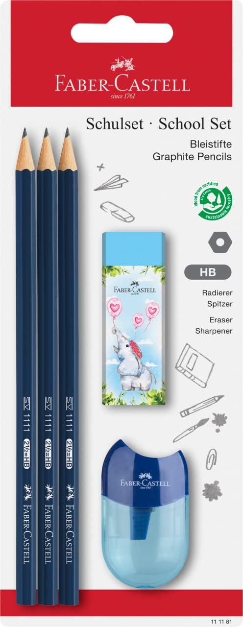 Faber-Castell 3 x Graphite Pencil School Set, 1 x Happy Jungle Eraser and 1 x Quality Sharpening Box - HB - Random Pencil Colour on purchase